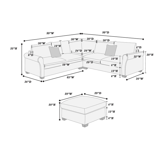 Modern Sectional Set With Corner Wedge, Loveseat, Ottoman & 2 Pillows
