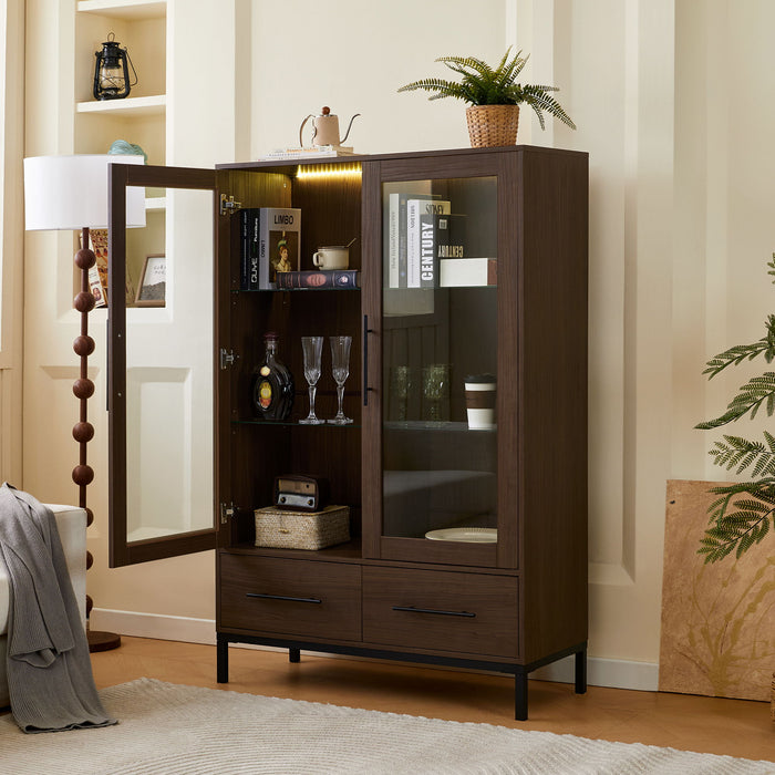 Modern Style Tall Display Cabinet With LED Lighting, Tempered Glass Door, 2 Drawers