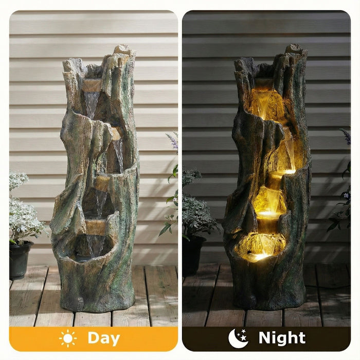 Tree Trunk Cascading Water Fountain, Outdoor LED Lighted - Gray