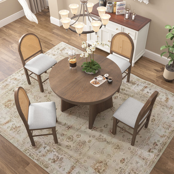 Extendable Round Dining Table Set For 4 With 4 Upholstered Chairs - Beige / Walnut