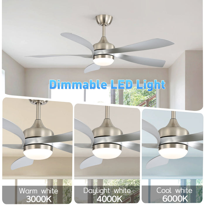 52" Ceiling Fan With Light Featuring 5 Blades Dimmable LED And Memory Function - Nickel