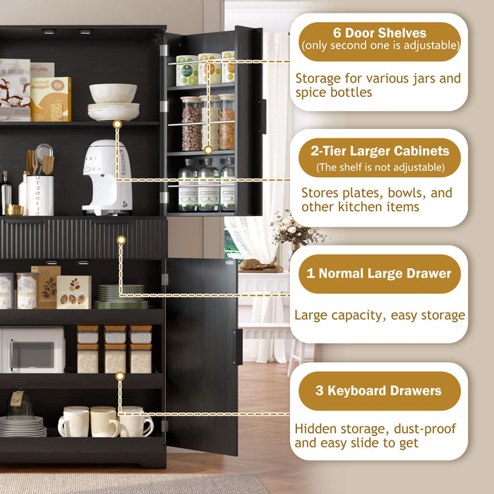 Fluted Kitchen Pantry Cabinet With 3 Keyboard Drawers & 6 Door Shelves Adjustable