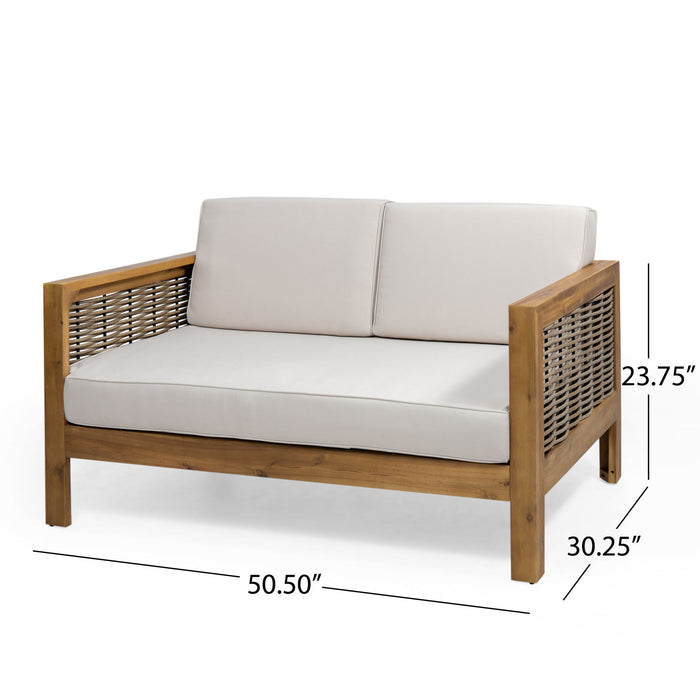 Outdoor Patio Set With Coffee Table And Loveseat - Teak / Beige