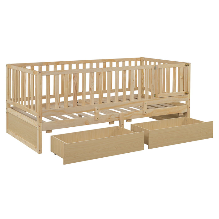 Daybed With Fence Guardrails And 2 Drawers, Split Into Independent Floor Bed & Daybed