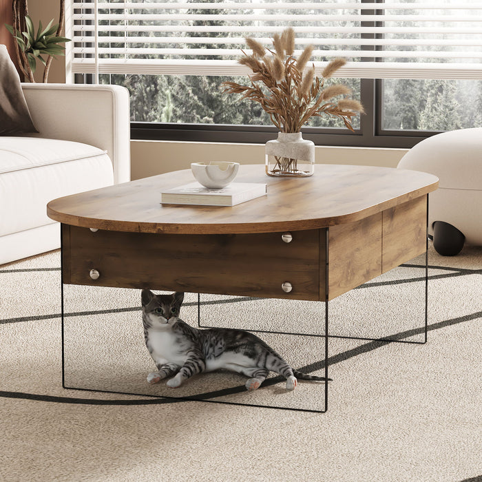 Elegant Coffee Table With Double Drawers And Transparent Glass Sides - Wood
