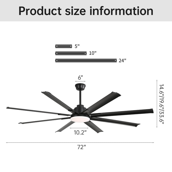 72" Large Design Ceiling Fan With Smart Remote Control, 6 Wind Speed DC Motor For Living Room - Black