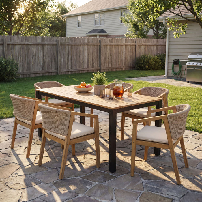 7 Piece Outdoor Dining Set With Table And 6 Chairs - Beige / Brown Mix / Light Teak / Teak