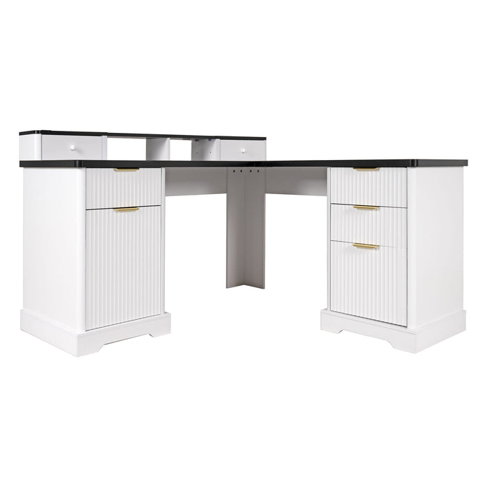 Fluted L-Shaped Desk With Charging Station & Storage Cabinet