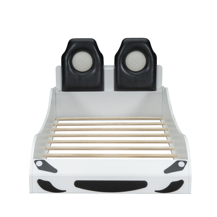 Race Car Shaped Platform Bed With LED And Upholstered Backrest In