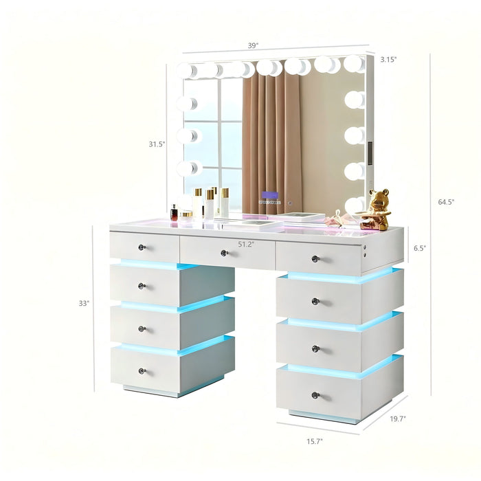 LED Lighted Makeup Vanity Desk With 15 Bulbs Mirror, RGB Light Drawers, 9 Drawers Dressing Table For Bedroom - Gloss White