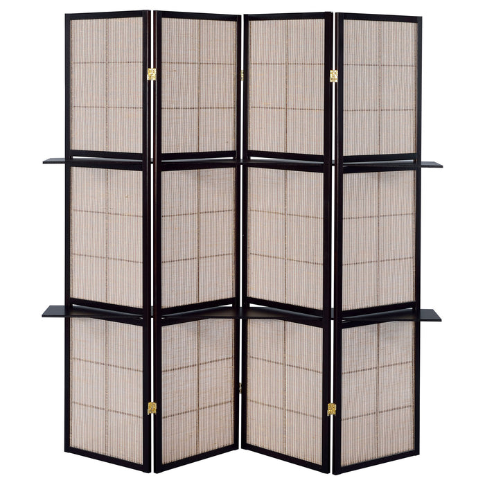 4 Panel Folding Screen With Shelves - Brown