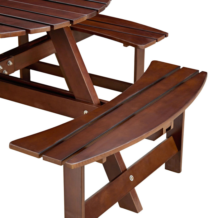 8 Person Round Picnic Table With 4 Built In Benches, Umbrella Hole For Garden - Brown