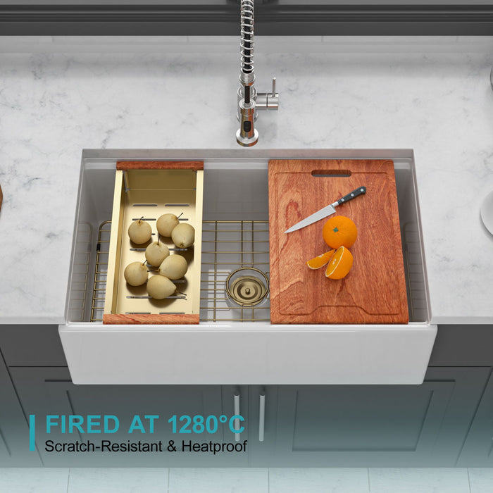 Workstation Single Bowl, Apron Front Kitchen Sink - White