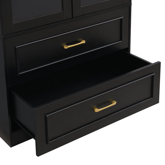 Arched Top Storage Cabinet With Fixed 2 Tier Shelves, 2 Large Drawers