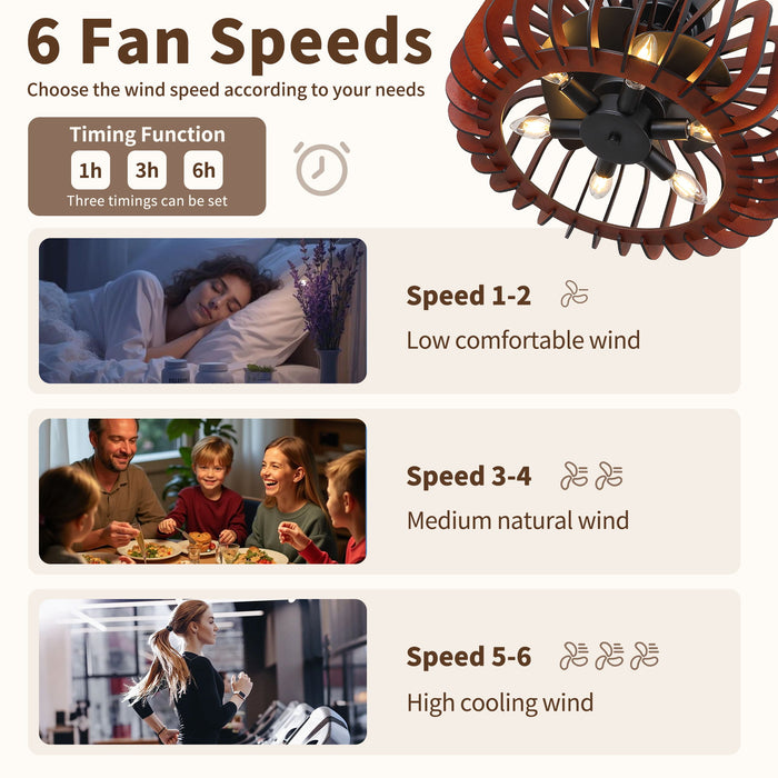 Ceiling Fan, Fandelier With 6 E12 Sockets, Reversible DC Motor, 6 Speeds, Remote Control, Adjustable Hanging - Black / Brown