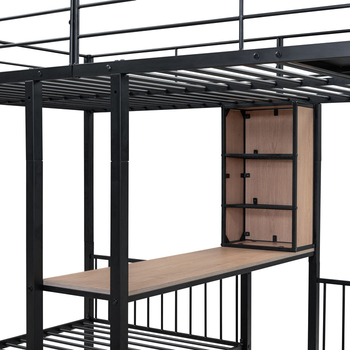 Triple Bunk Bed With Drawers, Multi-Functional Frame With Desks And Shelves In The Middle