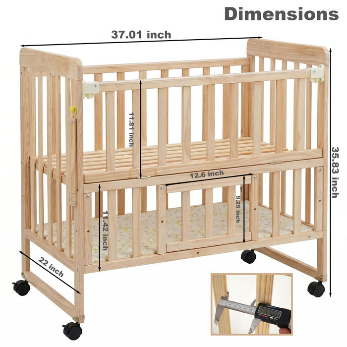 Portable Mini Baby Crib 5 In 1 Convertible With Foldable Storage - Natural Wood