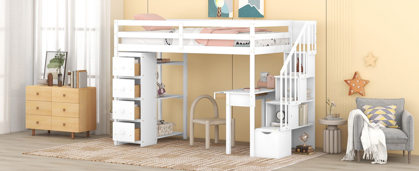 Loft Bed With Storage Drawers, Desk And Stairs With Shelves