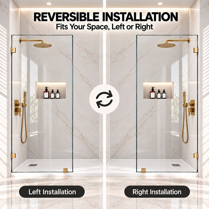 Frameless Bathtub Shower Screen, Reversible Installation