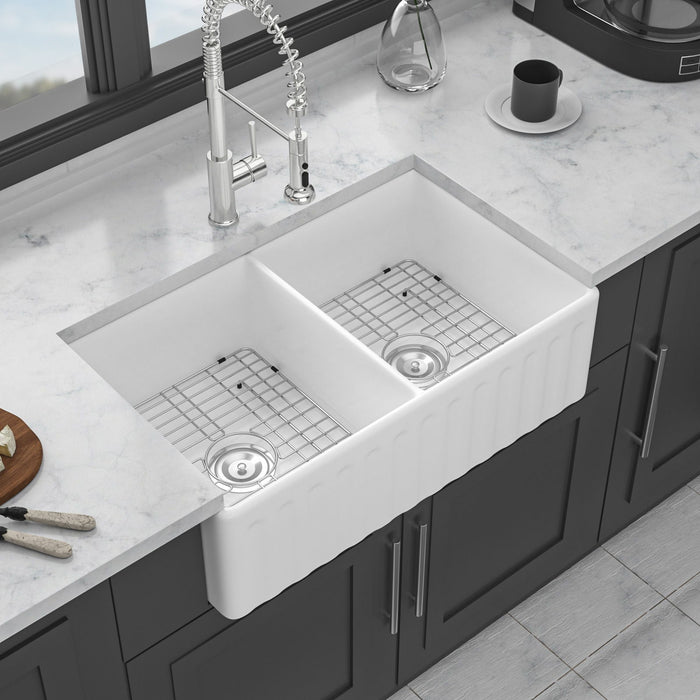 Sink 33" Double Bowl Kitchen Sink With Deep Bowls And Grids - White