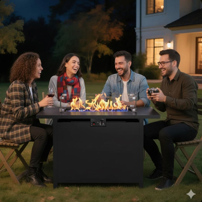 Outdoor 2 In 1 Gas Fire Pit Table With Lid & Glass Shield, Stainless Burner, Lava Rock, Rectangular Design - Black
