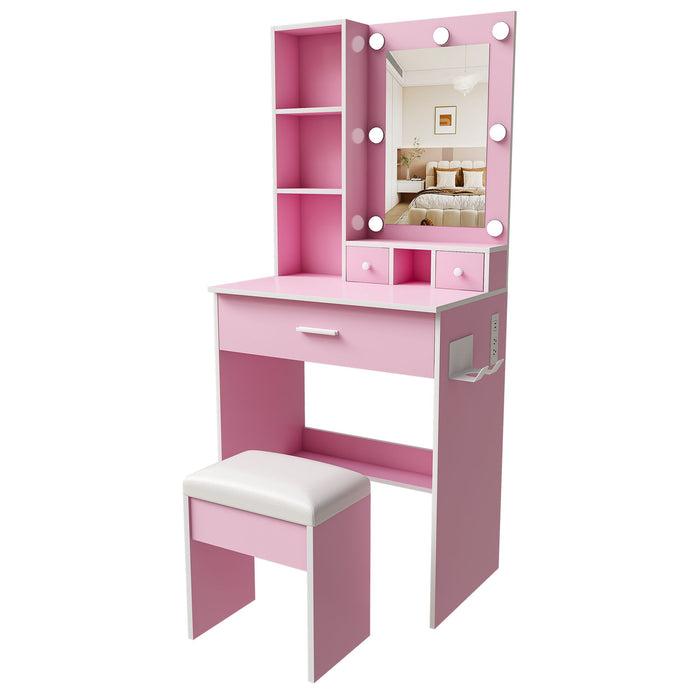 Vanity Table With Mirror, Adjustable LED Lights, Power Outlet, Hairdryer Holder & Stool