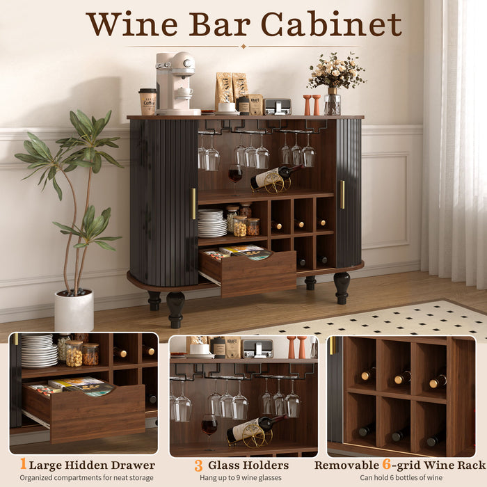 Fluted Liquor & Coffee Bar Cabinet With 6 Wine Racks And 3 Glass Holders