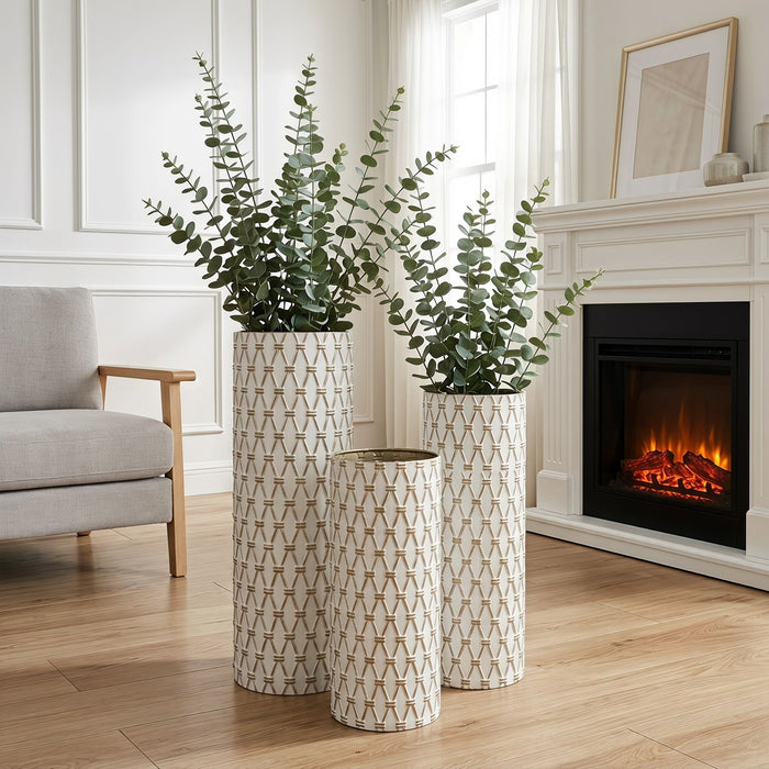 Diamond Embossed Floor Tall Vases Home Decor (Set of 3) - White / Gold