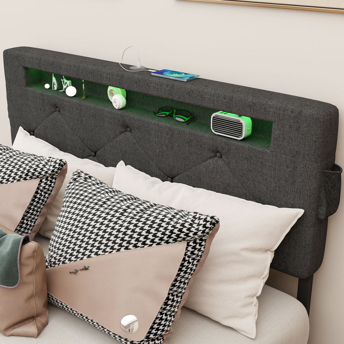 Bed With USB Charging Station, LED Lights, Headboard & Storage Drawers