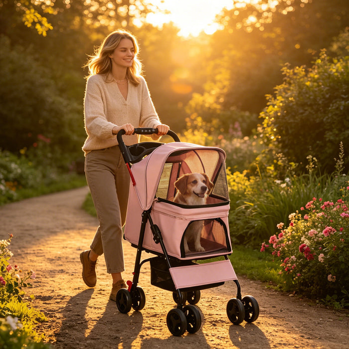 Foldable Pet Stroller For Small Dogs And Cats With Multi Functional Tray