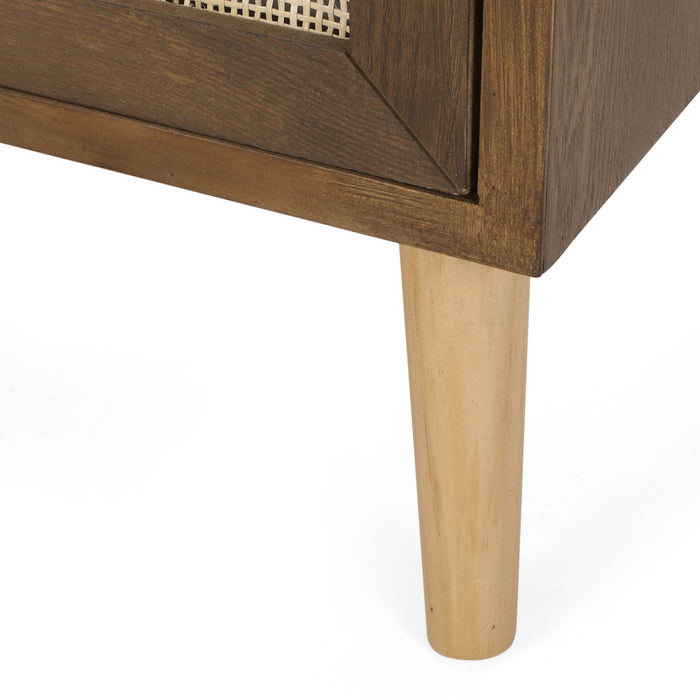 Contemporary End Table With Rattan - Walnut