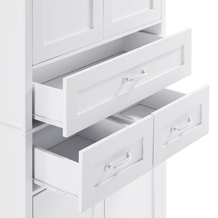 Tall Bathroom Storage Cabinet With 4 Doors 3 Drawers Adjustable Shelves - White