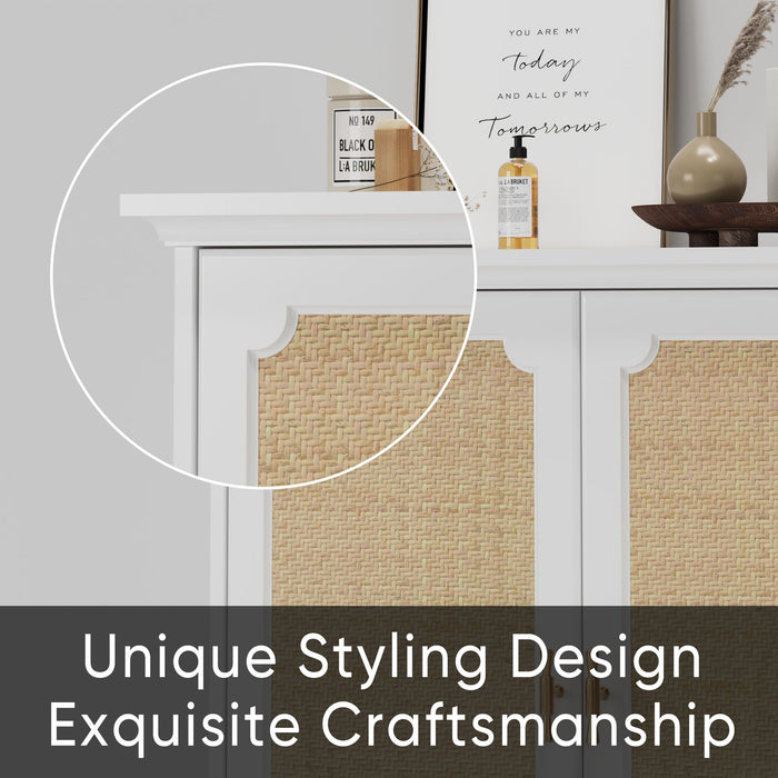 Rattan Decorated Sideboard Buffet Storage Liquor Cabinet - White