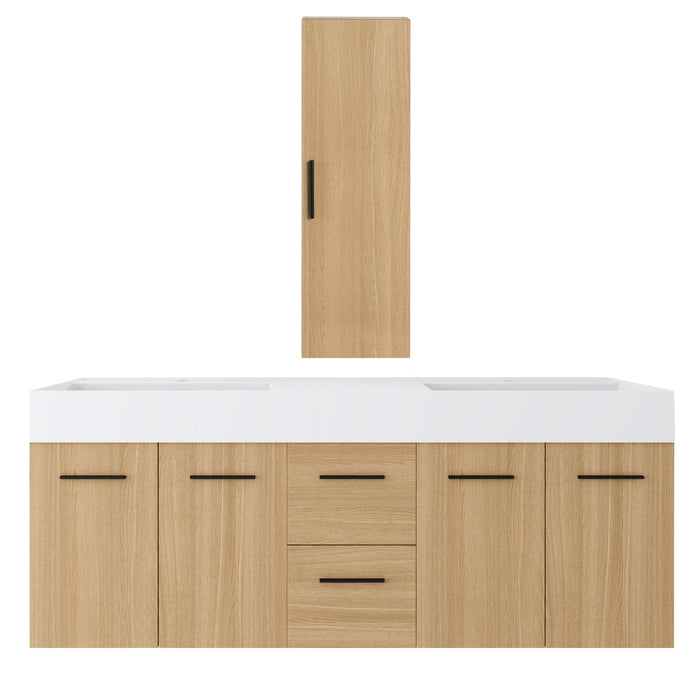 Floating Double Sink Bathroom Vanity Set With Tall Linen Cabinet, Drawers And Doors, Extra Large Storage, Integrated Sink, Soft Close Hardware - Glossy White / Light Oak