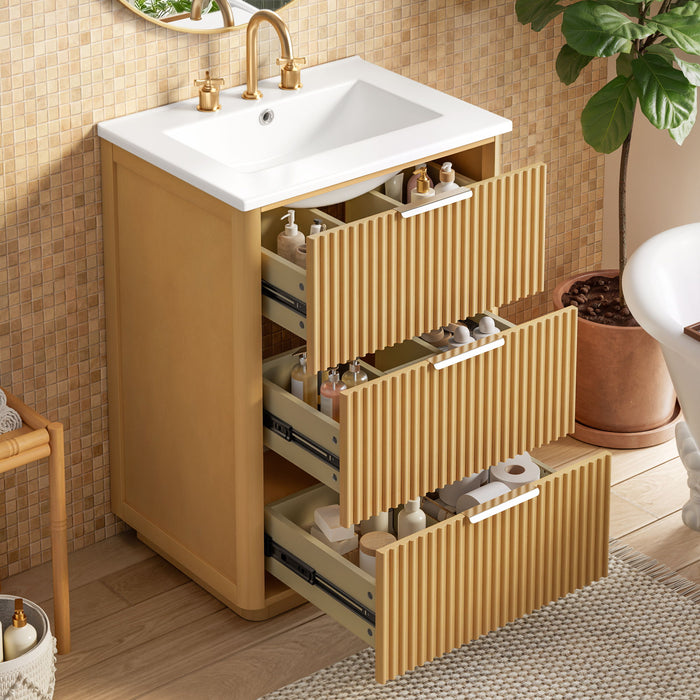 Bathroom Vanity With Sink, Open Shelf & Closed Storage - Natural Wood