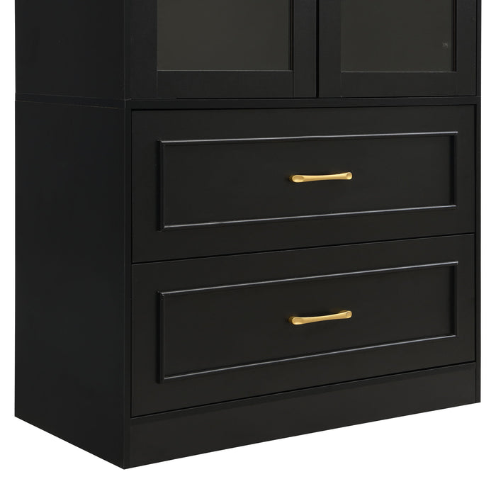 Arched Top Storage Cabinet With Fixed 2 Tier Shelves, 2 Large Drawers