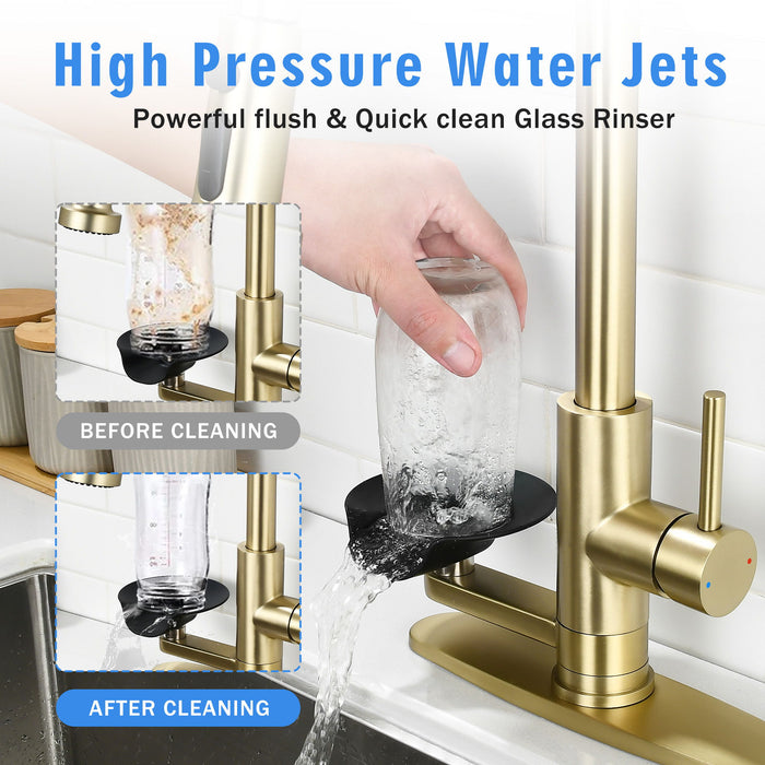 3 In 1 Kitchen Faucet With Press Type Glass Rinser, High Arc Pull Down Sprayer