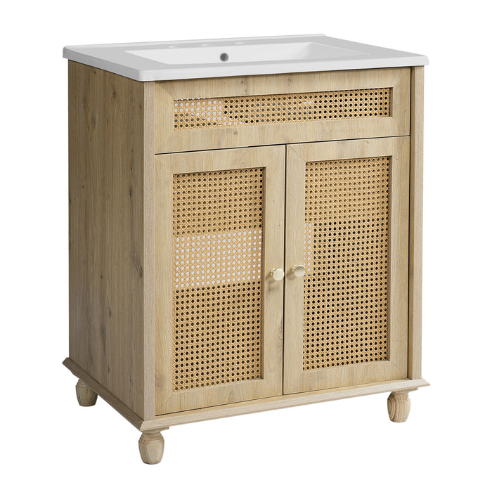 Bathroom Vanity With Handwoven Rattan Doors, Resin Basin - Natural Wood