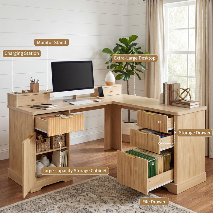 Fluted L-Shaped Desk With Charging Station & Storage Cabinet