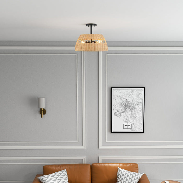 Twinkle - Double Lights Semi Flush With Shade - Black / Rattan