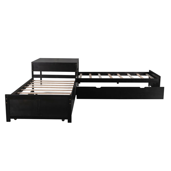 L Shaped Platform Bed With Trundle And Drawers Linked With Built In Desk
