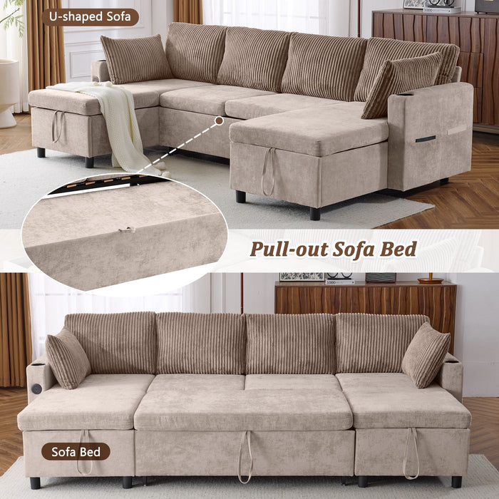 Sectional Sofa Bed With Pull Out Sleeper, USB Ports, Cup Holders