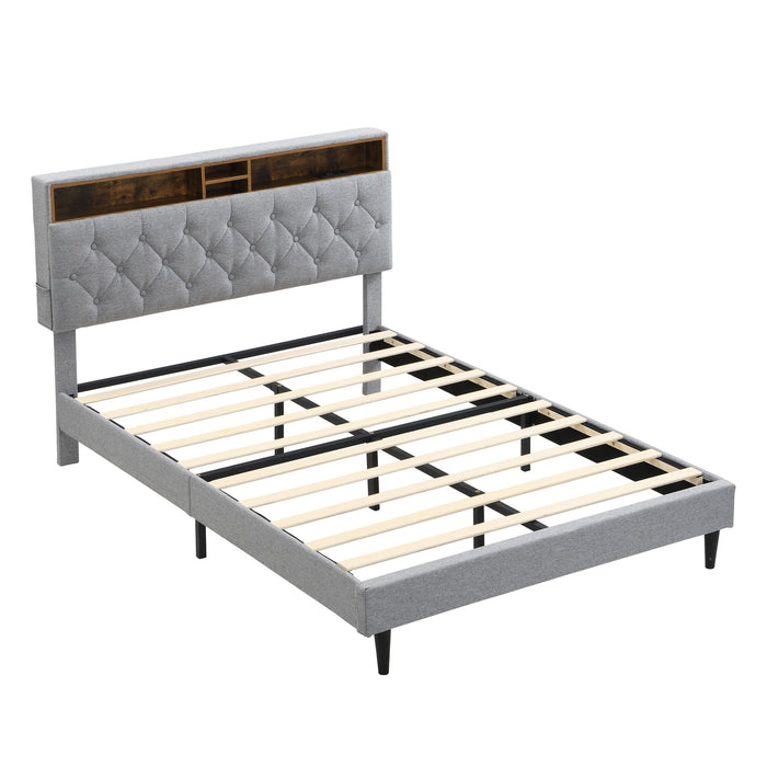 Modern Upholstered Platform Bed Frame With Button Tufted Headboard And USB Ports