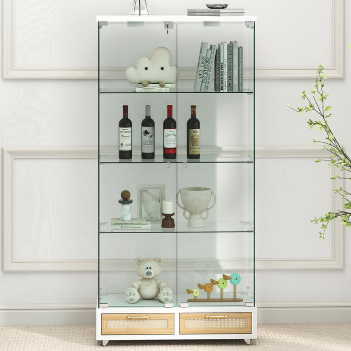 Glass Display Cabinet With LED Lights, Tempered Glass Doors, Large Drawers, 2 Door Storage Case With 4 Shelves - Natural / White