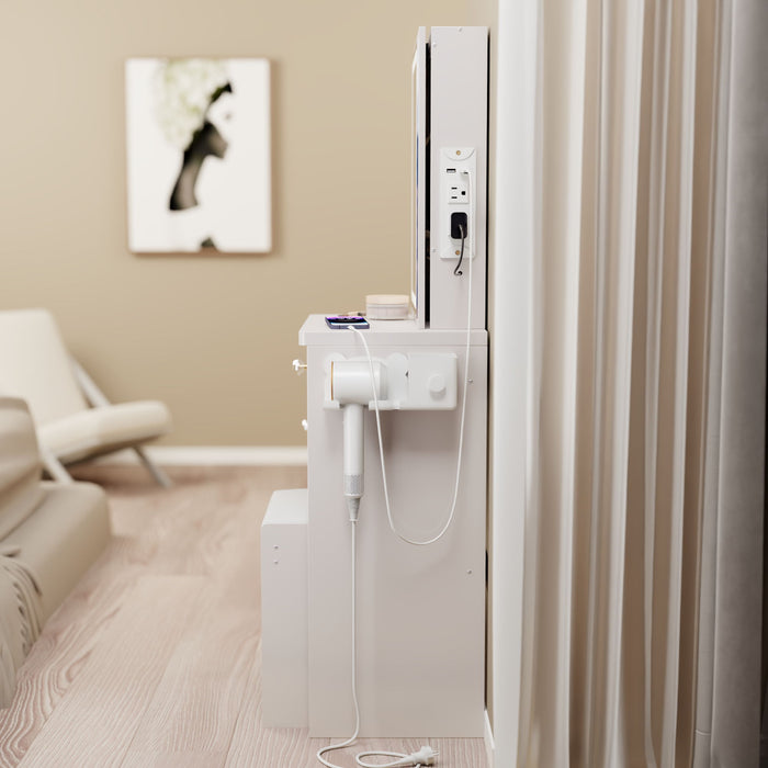 Cabinet Vanity Table & Cushioned Stool, USB Power Station, Hair Dryer Bracket - White