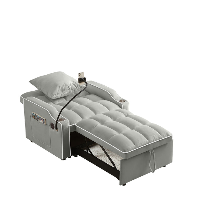 Convertible Velvet 3 In 1 Sofa Bed With Adjustable Sleeper Chair And Multi Pockets