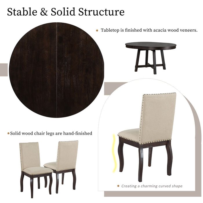 Round Extendable Dining Table Set With 4 Upholstered Chairs