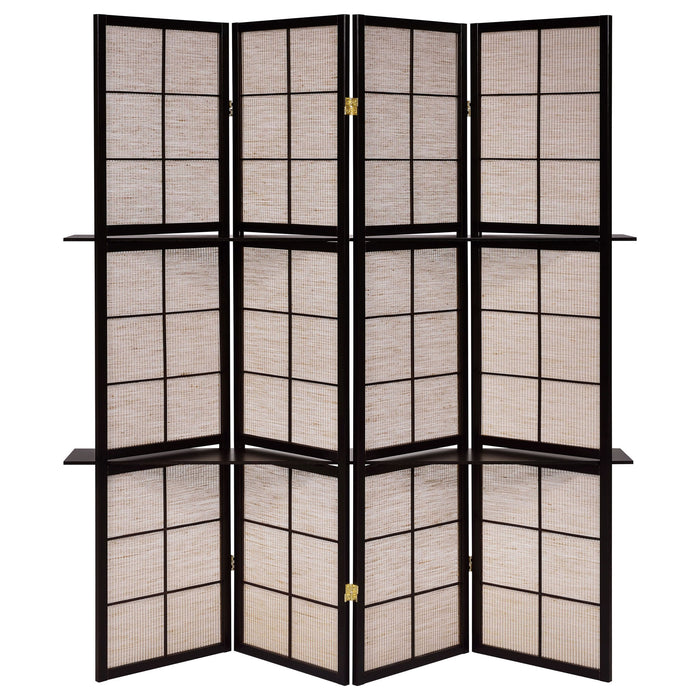 4 Panel Folding Screen With Shelves - Brown