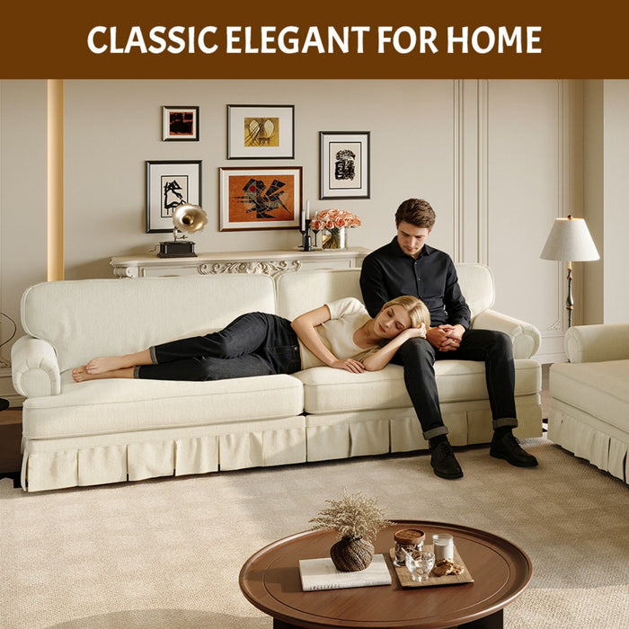 Luxuriously Comfortable Cloud Couch With Elegant Rolled Arms & Pleated Skirt Design