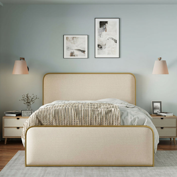 Queen Size Bed Frame With Curved Upholstered Headboard And Footboard - Beige / Gold